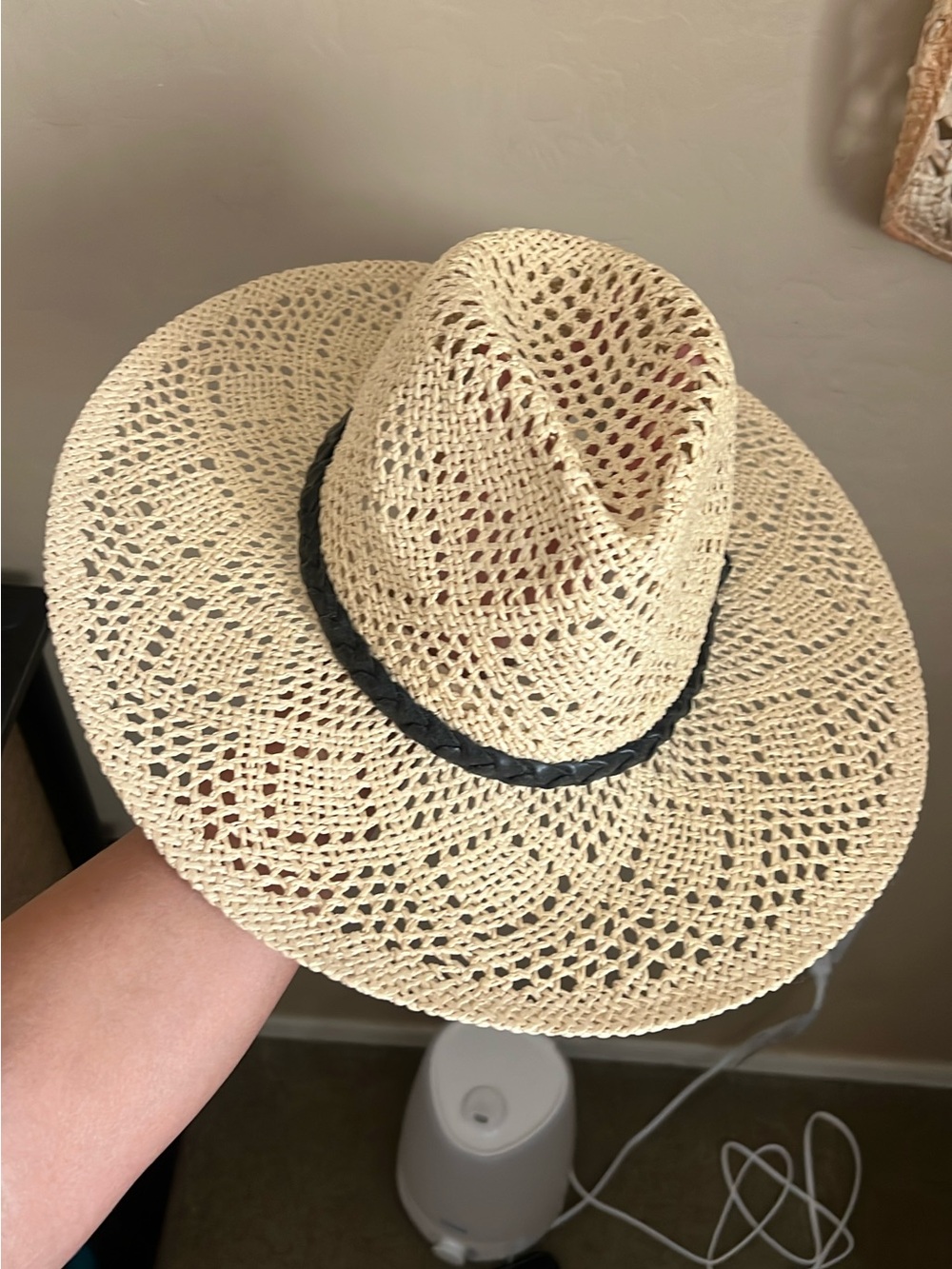 Straw Crochet Fedora Hat with Black Band
